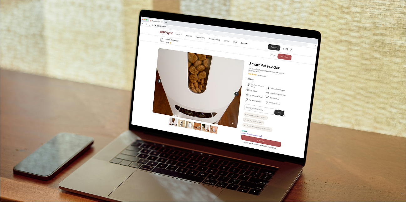 Pawsync product detail page showing the smart pet feeder.