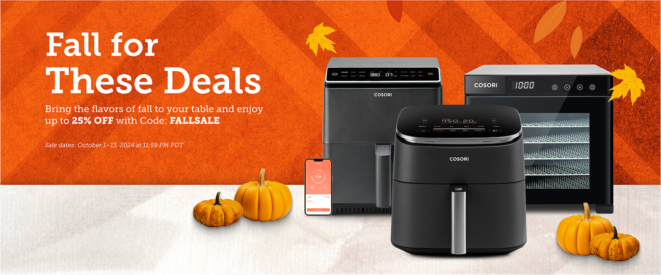 Fall campaign web banner for Cosori featuring seasonal products and pumpkins.