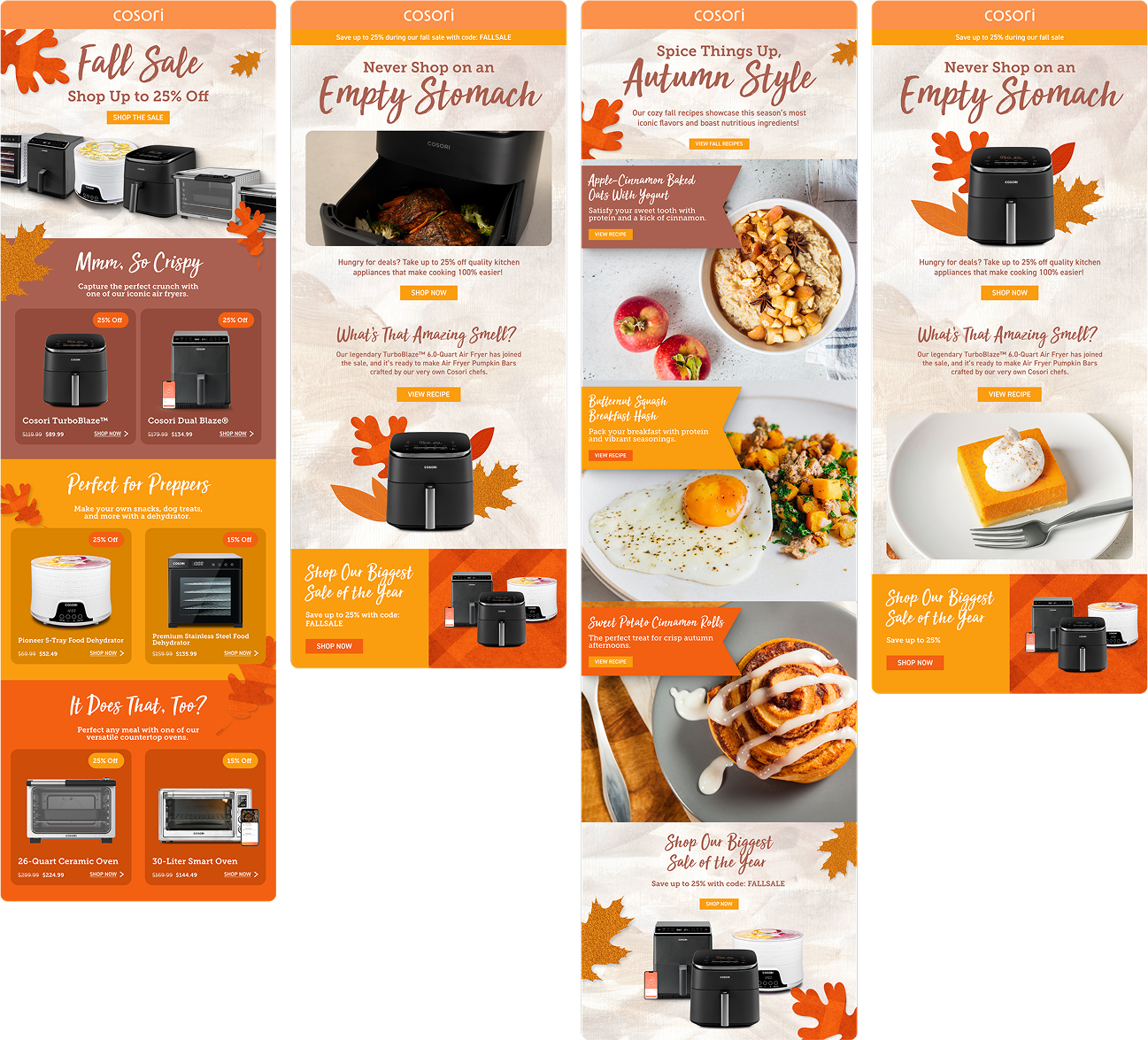 Fall campaign email designs for Cosori featuring autumn recipes and products.