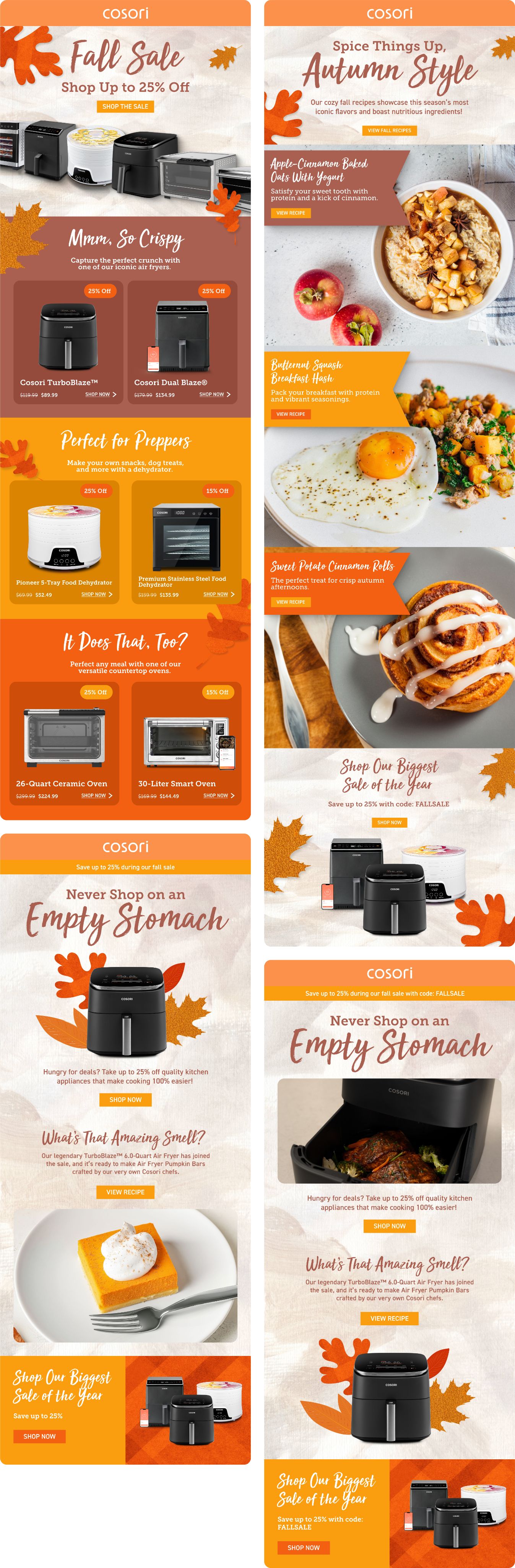 Fall campaign email designs for Cosori featuring autumn recipes and products.